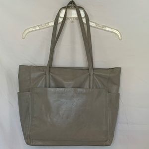 Large Light Gray leather HOBO tote with a lot of pockets